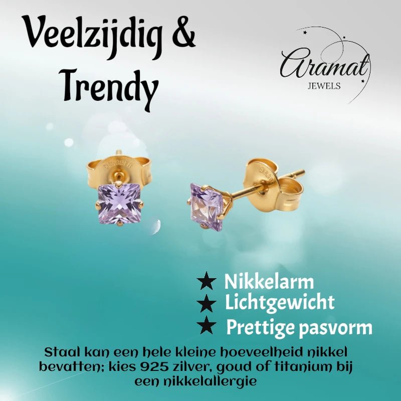 Oorbellen – RVS Goudkleur met Lila Vierkante Zirkonia (5mm) - Aramat Jewels - Oorbellen - cadeautip
