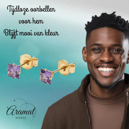 Oorbellen – RVS Goudkleur met Paarse Vierkante Zirkonia (4mm) - Aramat Jewels - Oorbellen - cadeautip
