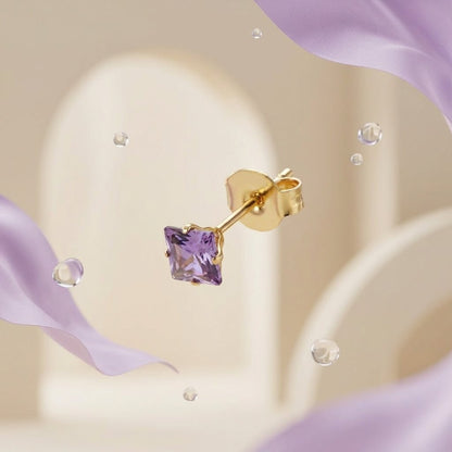 Oorbellen – RVS Goudkleur met Paarse Vierkante Zirkonia (5mm) - Aramat Jewels - Oorbellen - cadeautip