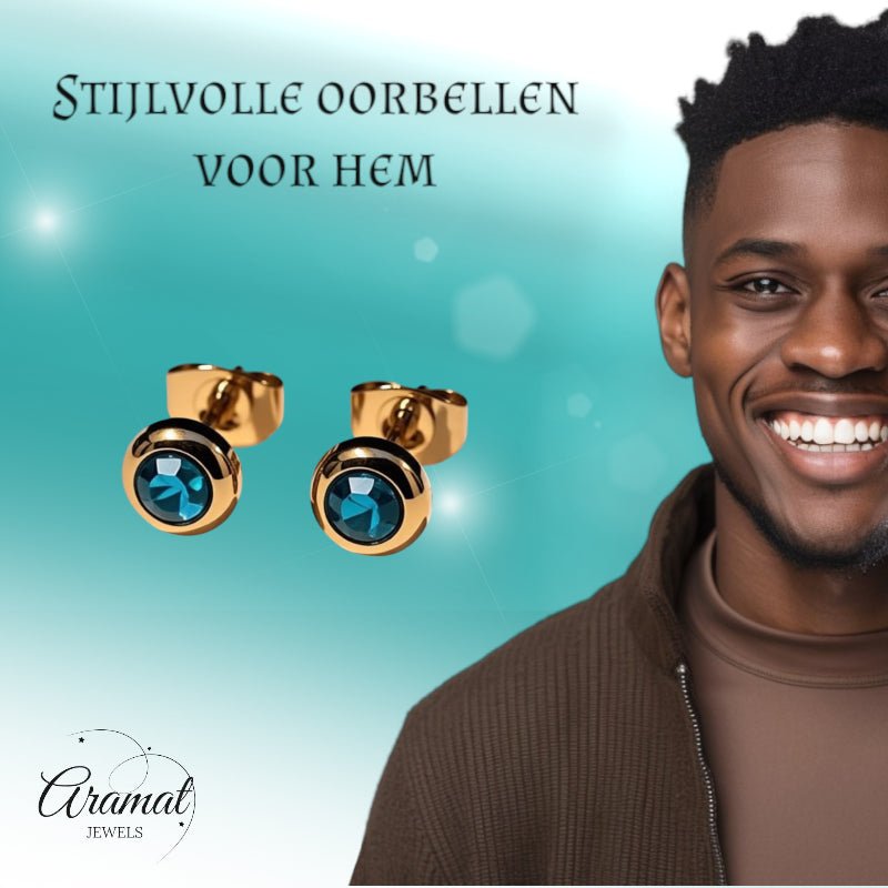 Oorbellen – RVS Goudkleurig met Blauwe Zirkonia (6mm) - Aramat Jewels - Oorbellen - cadeautip