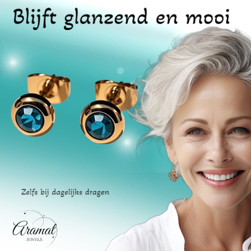 Oorbellen – RVS Goudkleurig met Blauwe Zirkonia (6mm) - Aramat Jewels - Oorbellen - cadeautip