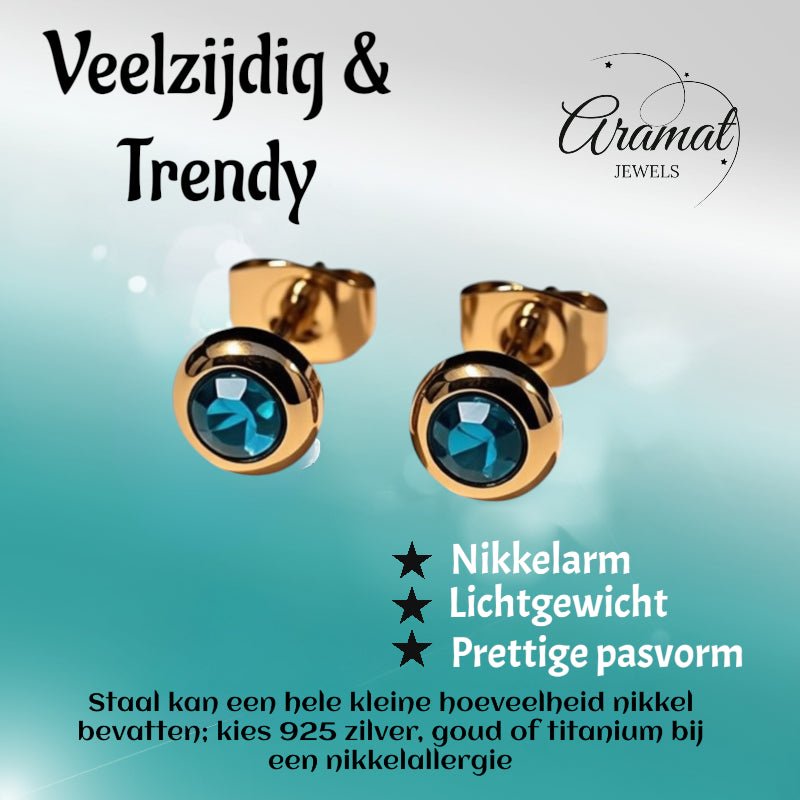 Oorbellen – RVS Goudkleurig met Blauwe Zirkonia (6mm) - Aramat Jewels - Oorbellen - cadeautip