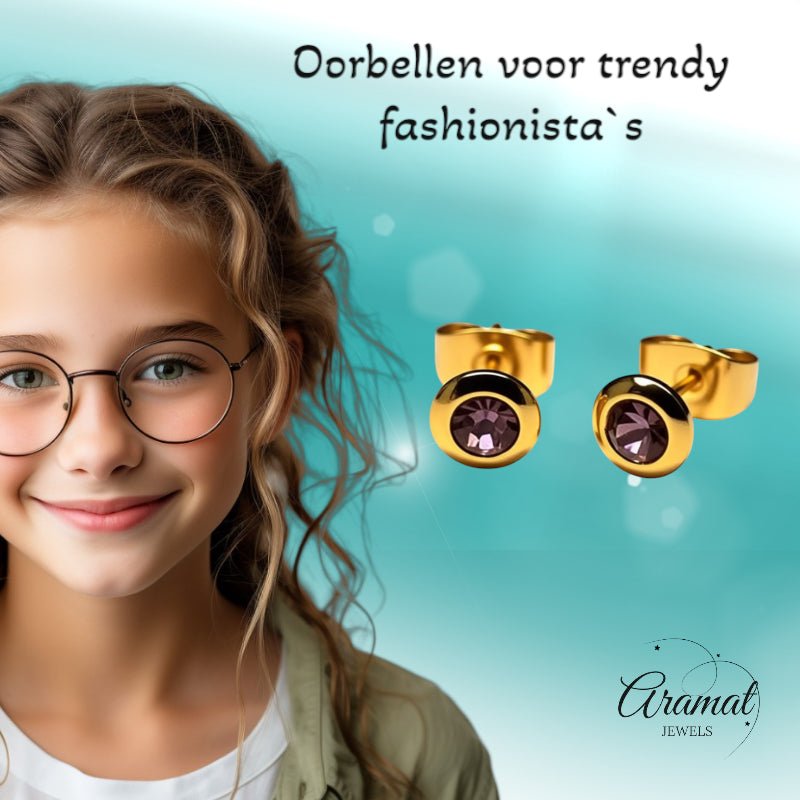 Oorbellen – RVS Goudkleurig met Licht Paars Kristal (6mm) - Aramat Jewels - Oorbellen - cadeautip