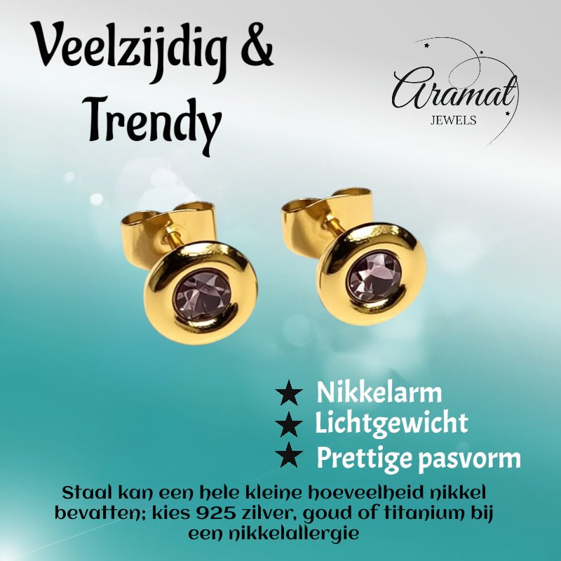 Oorbellen – RVS Goudkleurig met Roze Kristal (8mm) - Aramat Jewels - Oorbellen - cadeautip
