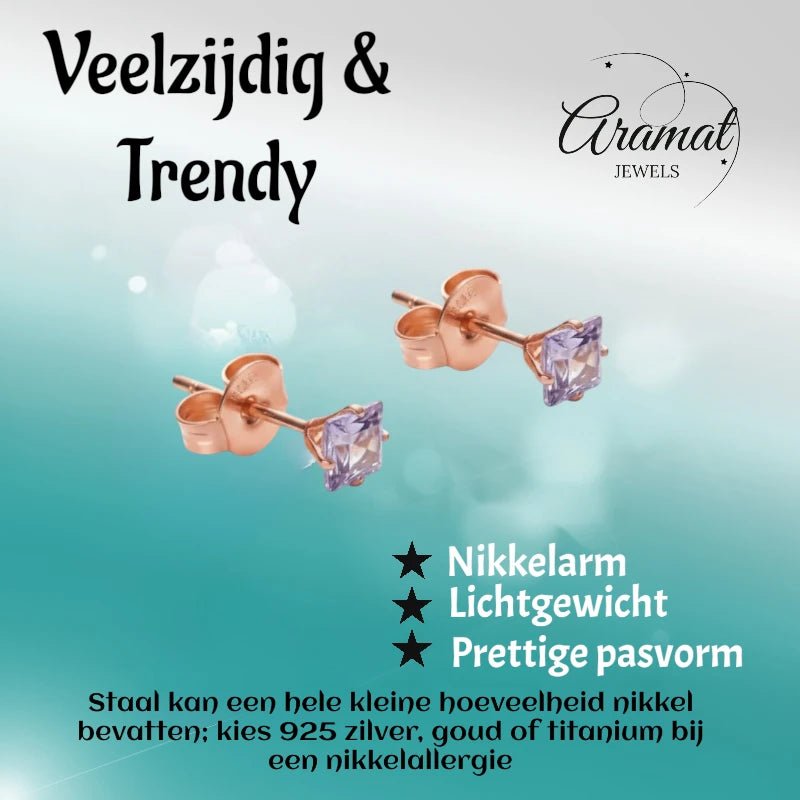 Oorbellen – RVS Roségoudkleur met Lila Vierkante Zirkonia (3mm) - Aramat Jewels - Oorbellen - cadeautip