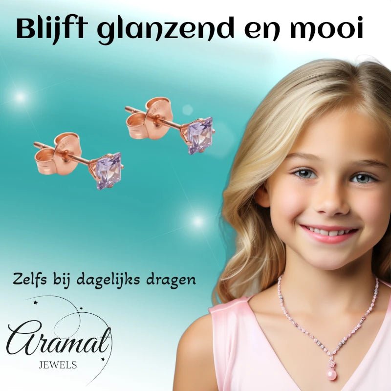 Oorbellen – RVS Roségoudkleur met Lila Vierkante Zirkonia (3mm) - Aramat Jewels - Oorbellen - cadeautip