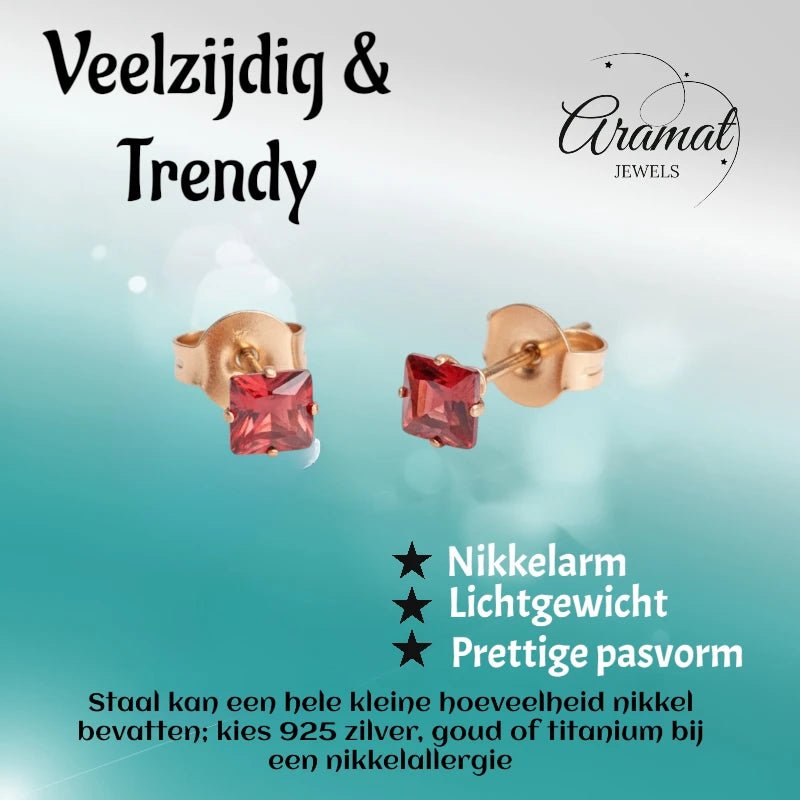 Oorbellen – RVS Roségoudkleur met Rode Vierkante Zirkonia (4mm) - Aramat Jewels - Oorbellen - cadeautip