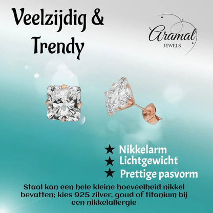 Oorbellen – RVS Roségoudkleur met Vierkante Zirkonia (3mm) - Aramat Jewels - Oorbellen - cadeautip