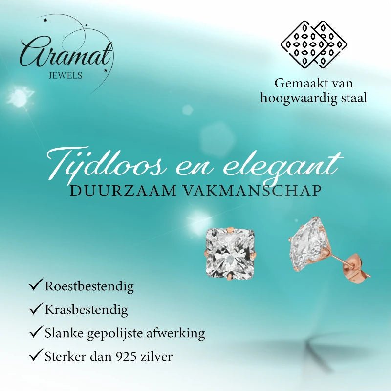 Oorbellen – RVS Roségoudkleur met Vierkante Zirkonia (3mm) - Aramat Jewels - Oorbellen - cadeautip