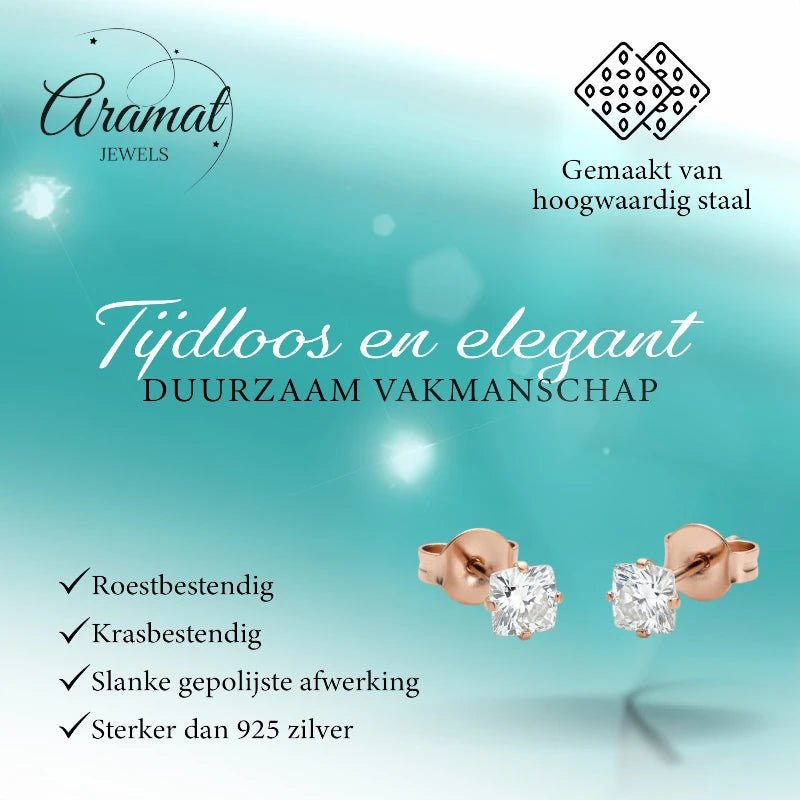 Oorbellen – RVS Roségoudkleur met Vierkante Zirkonia (4mm) - Aramat Jewels - Oorbellen - cadeautip