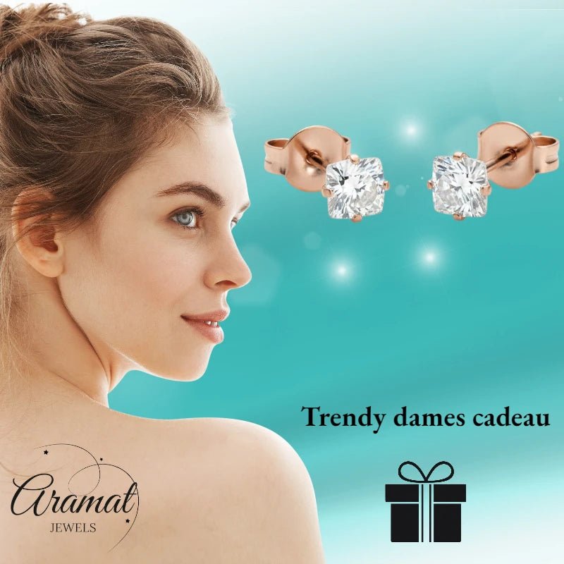 Oorbellen – RVS Roségoudkleur met Vierkante Zirkonia (4mm) - Aramat Jewels - Oorbellen - cadeautip