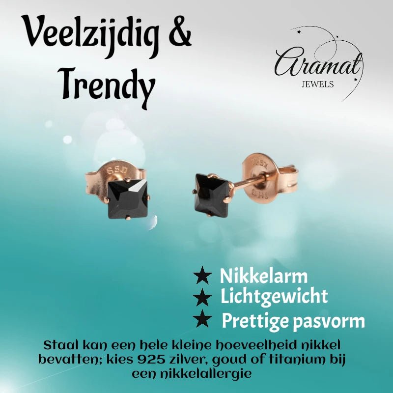 Oorbellen – RVS Roségoudkleur met Zwarte Vierkante Zirkonia (4mm) - Aramat Jewels - Oorbellen - cadeautip
