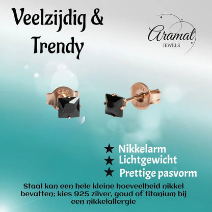 Oorbellen – RVS Roségoudkleur met Zwarte Vierkante Zirkonia (4mm) - Aramat Jewels - Oorbellen - cadeautip