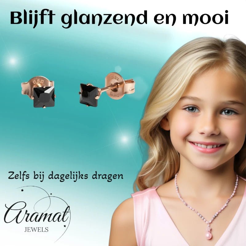 Oorbellen – RVS Roségoudkleur met Zwarte Vierkante Zirkonia (4mm) - Aramat Jewels - Oorbellen - cadeautip