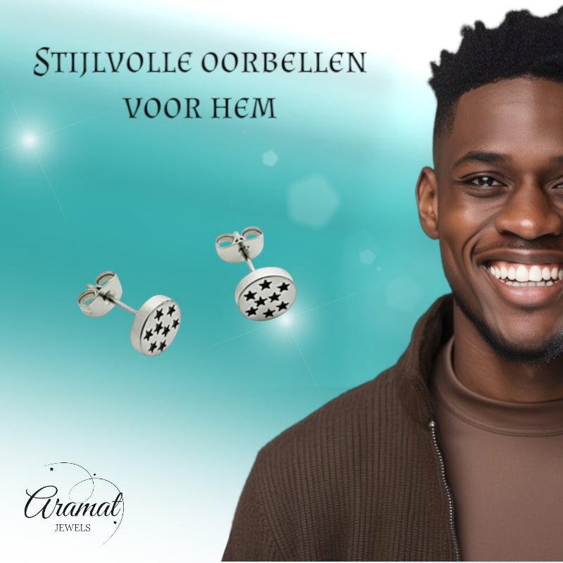 Oorbellen – RVS Sterrenpatroon Zilver/Zwart (8mm) - Aramat Jewels - Oorbellen - cadeautip