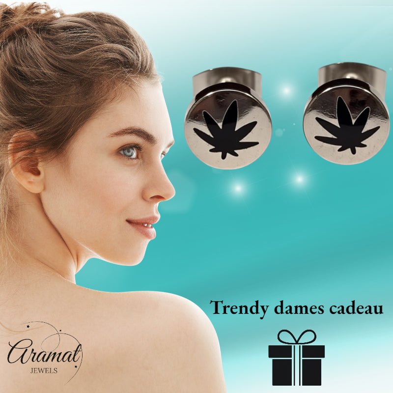 Oorbellen – RVS Wietblad Zilver/Zwart (8mm) - Aramat Jewels - Oorbellen - cadeautip