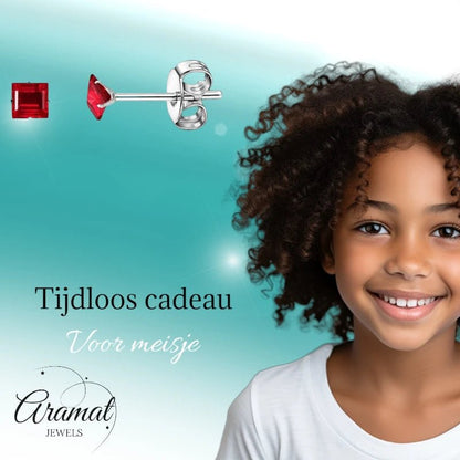 Oorbellen – RVS Zilverkleur met Rode Vierkante Zirkonia (3mm) - Aramat Jewels - Oorbellen - cadeautip