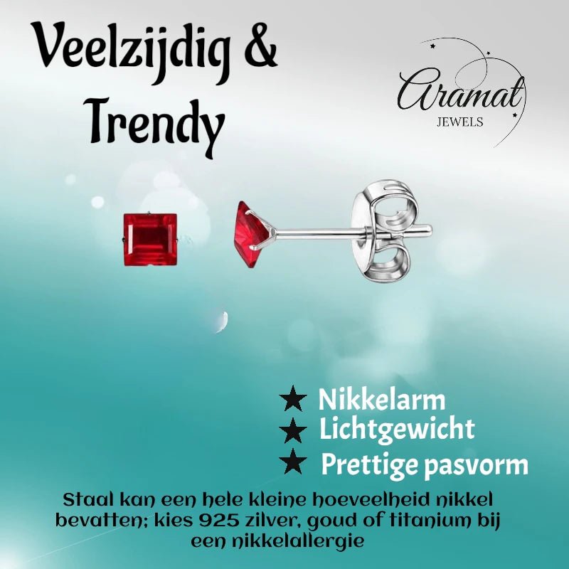 Oorbellen – RVS Zilverkleur met Rode Vierkante Zirkonia (3mm) - Aramat Jewels - Oorbellen - cadeautip