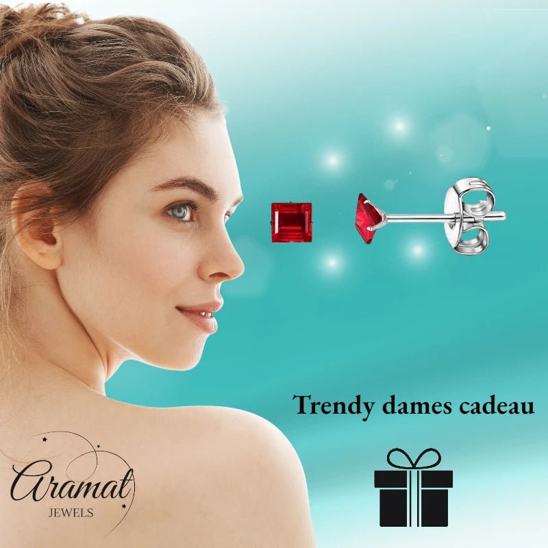 Oorbellen – RVS Zilverkleur met Rode Vierkante Zirkonia (3mm) - Aramat Jewels - Oorbellen - cadeautip