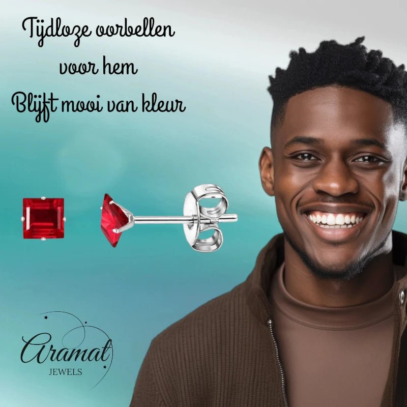 Oorbellen – RVS Zilverkleur met Rode Vierkante Zirkonia (4mm) - Aramat Jewels - Oorbellen - cadeautip