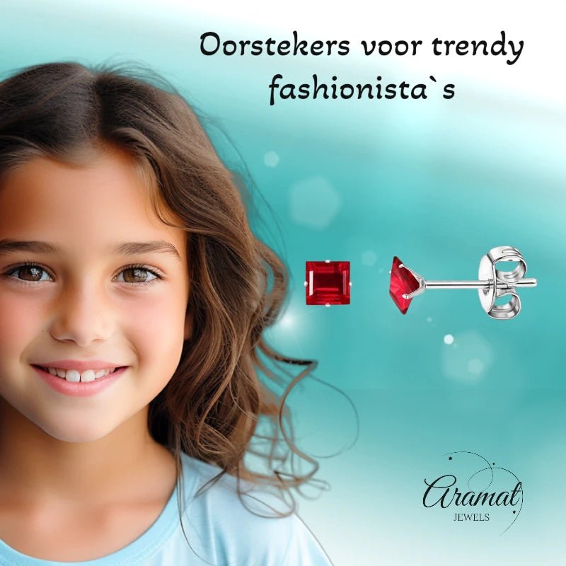 Oorbellen – RVS Zilverkleur met Rode Vierkante Zirkonia (4mm) - Aramat Jewels - Oorbellen - cadeautip