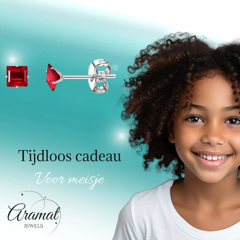 Oorbellen – RVS Zilverkleur met Rode Vierkante Zirkonia (4mm) - Aramat Jewels - Oorbellen - cadeautip