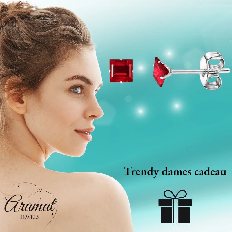 Oorbellen – RVS Zilverkleur met Rode Vierkante Zirkonia (4mm) - Aramat Jewels - Oorbellen - cadeautip