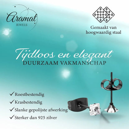 Oorbellen – RVS Zwartkleur met Vierkante Zirkonia (3mm) - Aramat Jewels - Oorbellen - cadeautip