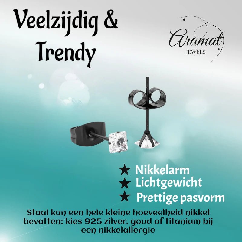 Oorbellen – RVS Zwartkleur met Vierkante Zirkonia (3mm) - Aramat Jewels - Oorbellen - cadeautip