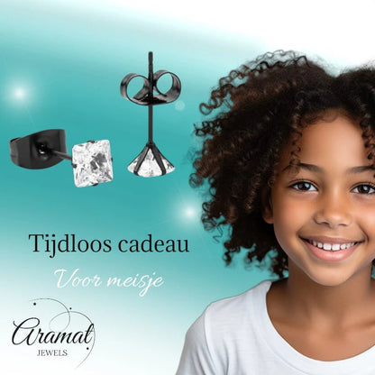 Oorbellen – RVS Zwartkleur met Vierkante Zirkonia (4mm) - Aramat Jewels - Oorbellen - cadeautip