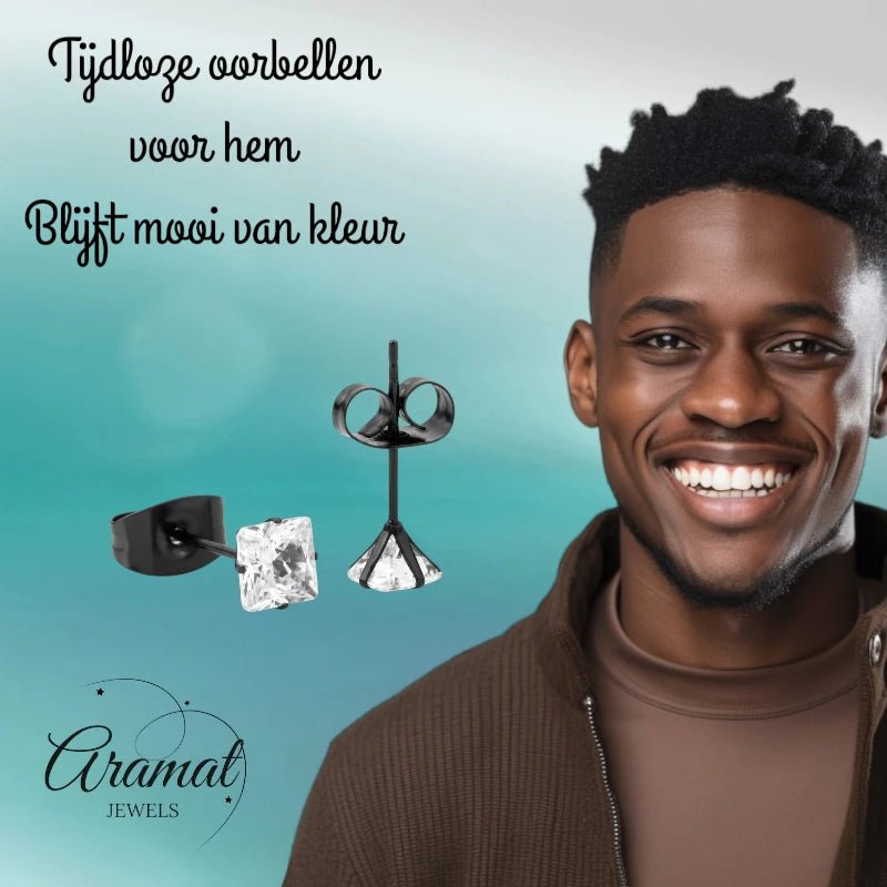 Oorbellen – RVS Zwartkleur met Vierkante Zirkonia (4mm) - Aramat Jewels - Oorbellen - cadeautip