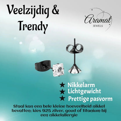 Oorbellen – RVS Zwartkleur met Vierkante Zirkonia (4mm) - Aramat Jewels - Oorbellen - cadeautip