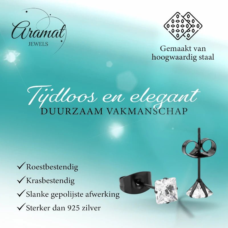 Oorbellen – RVS Zwartkleur met Vierkante Zirkonia (4mm) - Aramat Jewels - Oorbellen - cadeautip