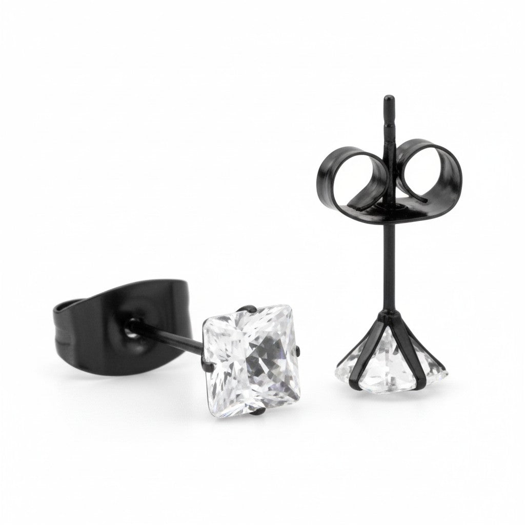 Oorbellen – RVS Zwartkleur met Vierkante Zirkonia (4mm) - Aramat Jewels - Oorbellen - cadeautip