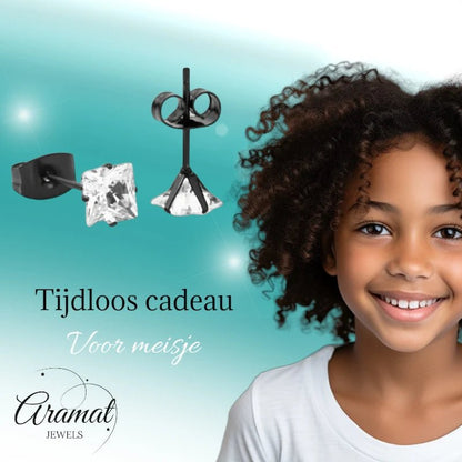 Oorbellen – RVS Zwartkleur met Vierkante Zirkonia (5mm) - Aramat Jewels - Oorbellen - cadeautip