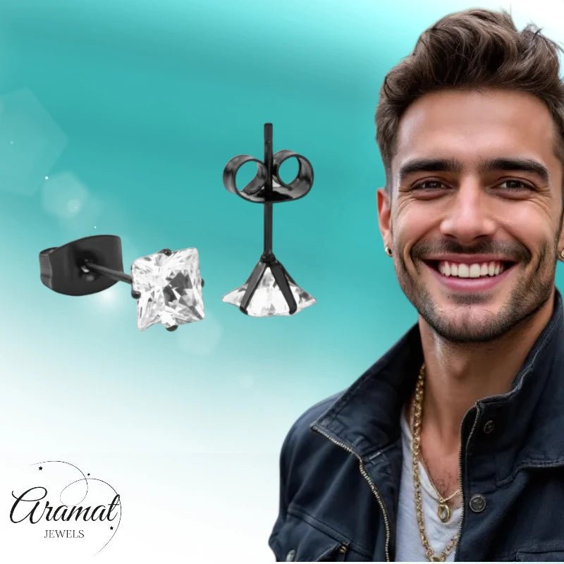 Oorbellen – RVS Zwartkleur met Vierkante Zirkonia (5mm) - Aramat Jewels - Oorbellen - cadeautip