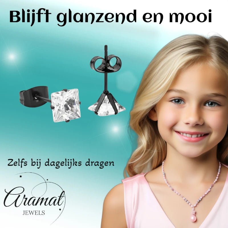 Oorbellen – RVS Zwartkleur met Vierkante Zirkonia (6mm) - Aramat Jewels - Oorbellen - cadeautip