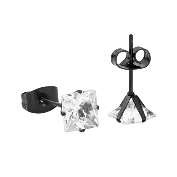 Oorbellen – RVS Zwartkleur met Vierkante Zirkonia (6mm) - Aramat Jewels - Oorbellen - cadeautip