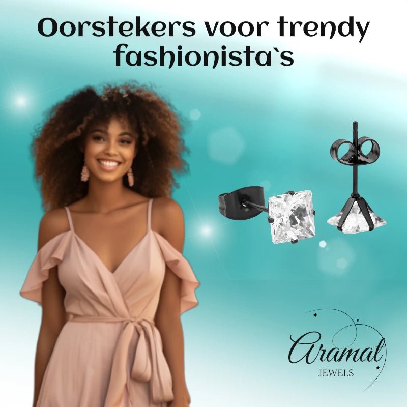 Oorbellen – RVS Zwartkleur met Vierkante Zirkonia (6mm) - Aramat Jewels - Oorbellen - cadeautip