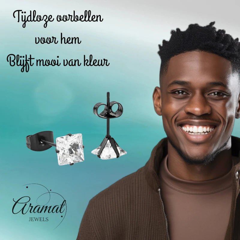 Oorbellen – RVS Zwartkleur met Vierkante Zirkonia (6mm) - Aramat Jewels - Oorbellen - cadeautip