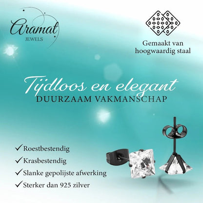 Oorbellen – RVS Zwartkleur met Vierkante Zirkonia (7mm) - Aramat Jewels - Oorbellen - cadeautip