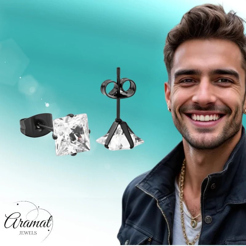 Oorbellen – RVS Zwartkleur met Vierkante Zirkonia (7mm) - Aramat Jewels - Oorbellen - cadeautip