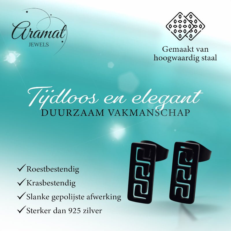 Oorbellen – Staal Bar Zwart Grieks Motief (11x5mm) - Aramat Jewels - Oorbellen - cadeautip