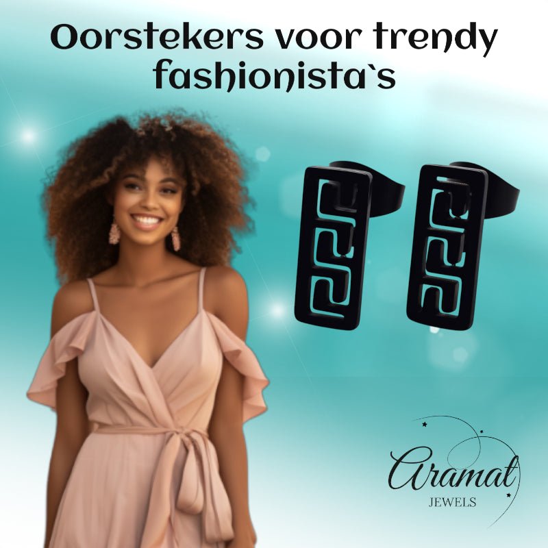 Oorbellen – Staal Bar Zwart Grieks Motief (11x5mm) - Aramat Jewels - Oorbellen - cadeautip