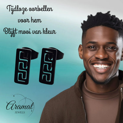 Oorbellen – Staal Bar Zwart Grieks Motief (11x5mm) - Aramat Jewels - Oorbellen - cadeautip