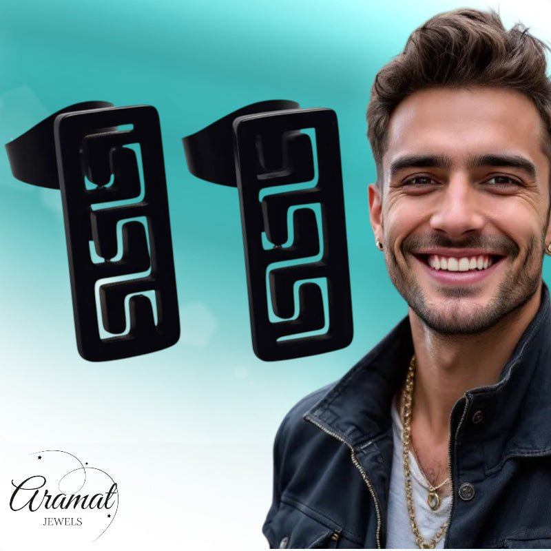 Oorbellen – Staal Bar Zwart Grieks Motief (11x5mm) - Aramat Jewels - Oorbellen - cadeautip