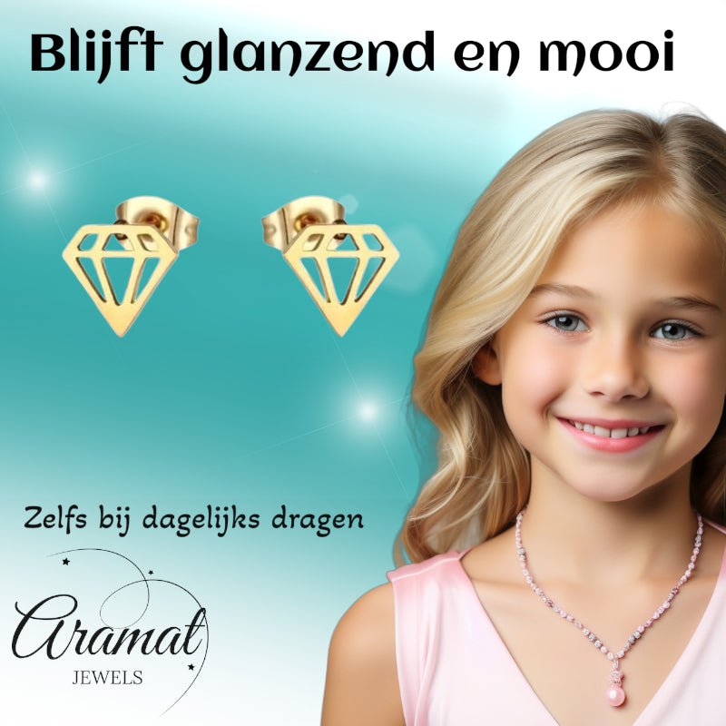 Oorbellen – Staal Diamant Vorm Kristal Goudkleurig (9mm) - Aramat Jewels - Oorbellen - cadeautip