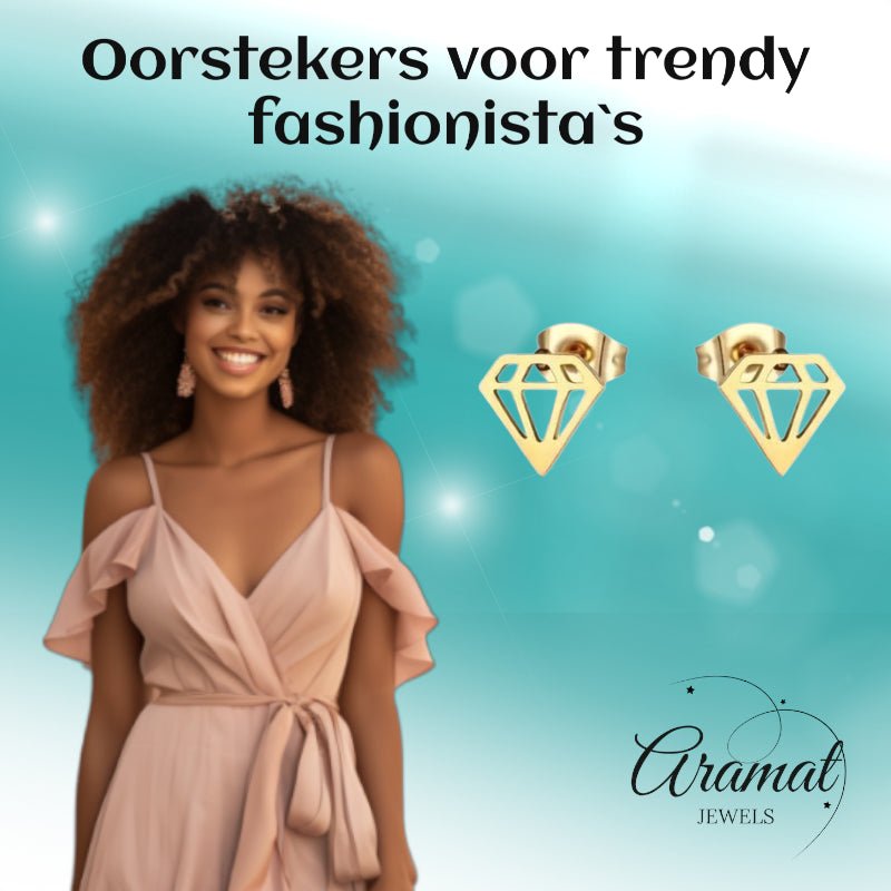 Oorbellen – Staal Diamant Vorm Kristal Goudkleurig (9mm) - Aramat Jewels - Oorbellen - cadeautip