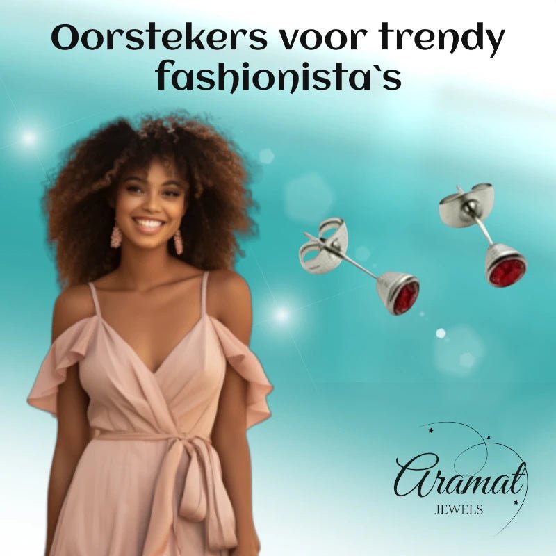Oorbellen – Staal Kristal Rood (5mm) - Aramat Jewels - Oorbellen - cadeautip