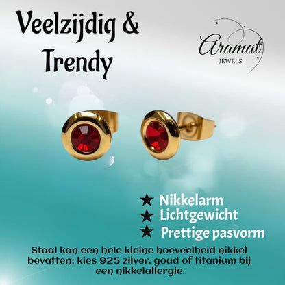 Oorbellen – Staal Rode Kristal Goudkleurig (8mm) - Aramat Jewels - Oorbellen - cadeautip